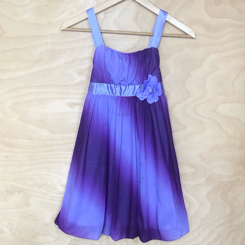 Bwear Purple Ombre Sparkle Formal Dress with Flower Accent Girls Sz 10.